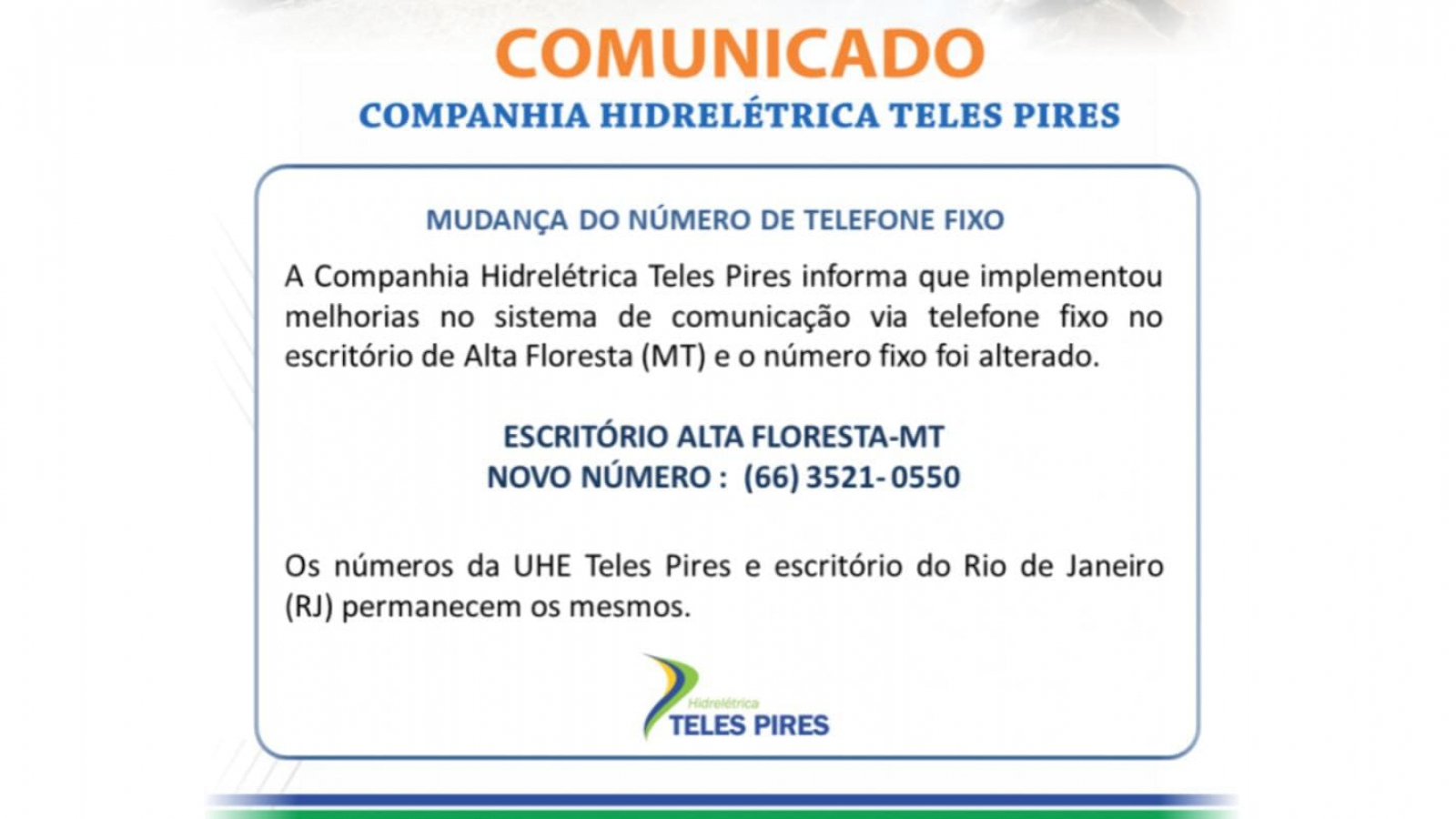 Número De Telefone Da Rodoviária De Colatina Comunicado de Alteração de Número de Telefone - Hidrelétrica Teles Pires